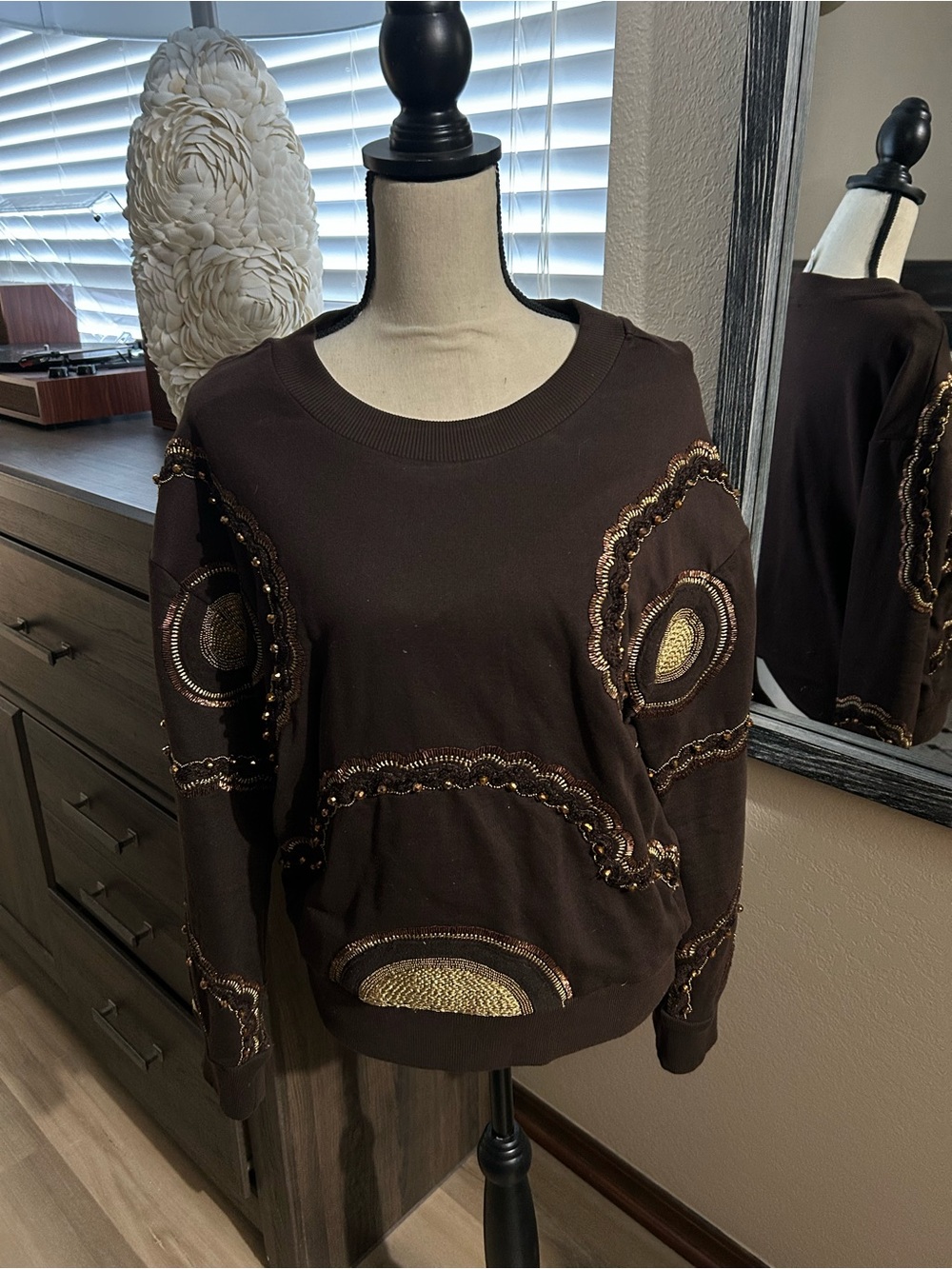 Anthropologie Brown Embellished Crewneck Sweatshirt